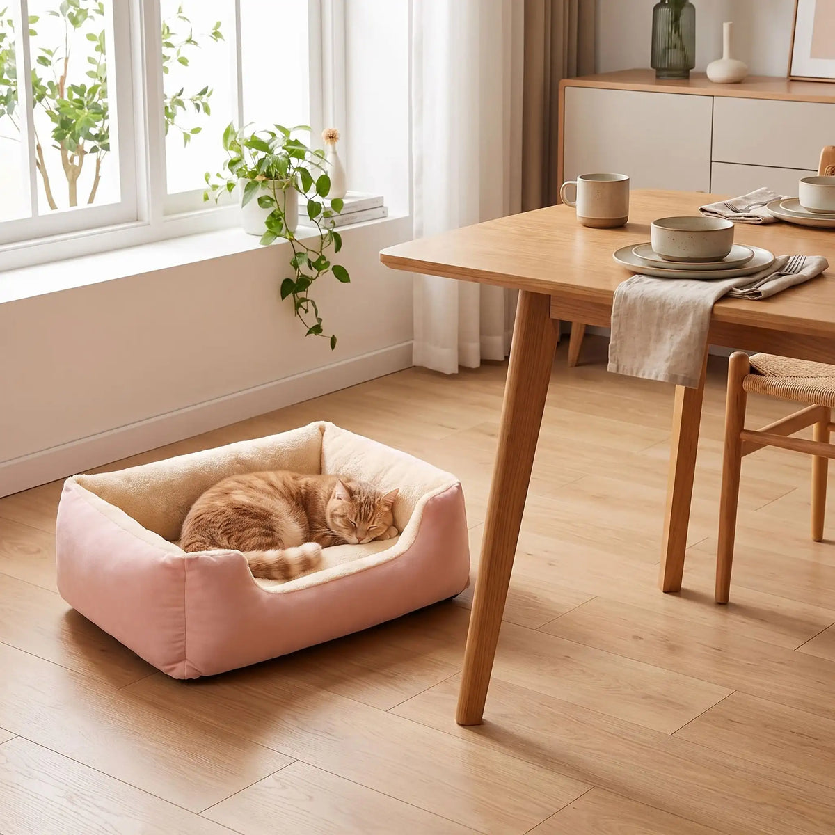 panier chat rectangulaire rose tres moelleux et confortable