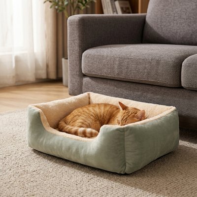 Panier chat rectangulaire vert sauge chat dormant dedans