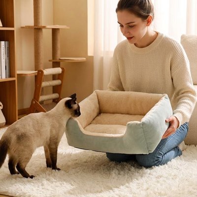 Panier chat rectangulaire vert sauge dans les mains d une femme