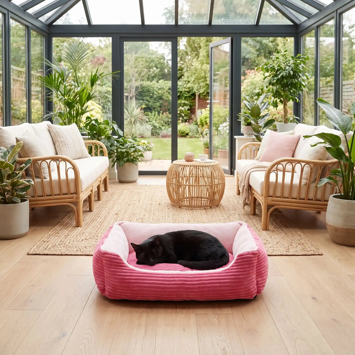 panier chat rose et rectangulaire moelleux et doux côtelé
