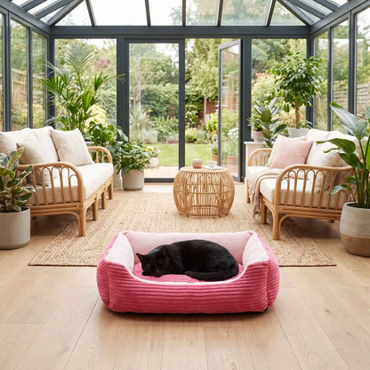 panier chat rose et rectangulaire moelleux et doux côtelé