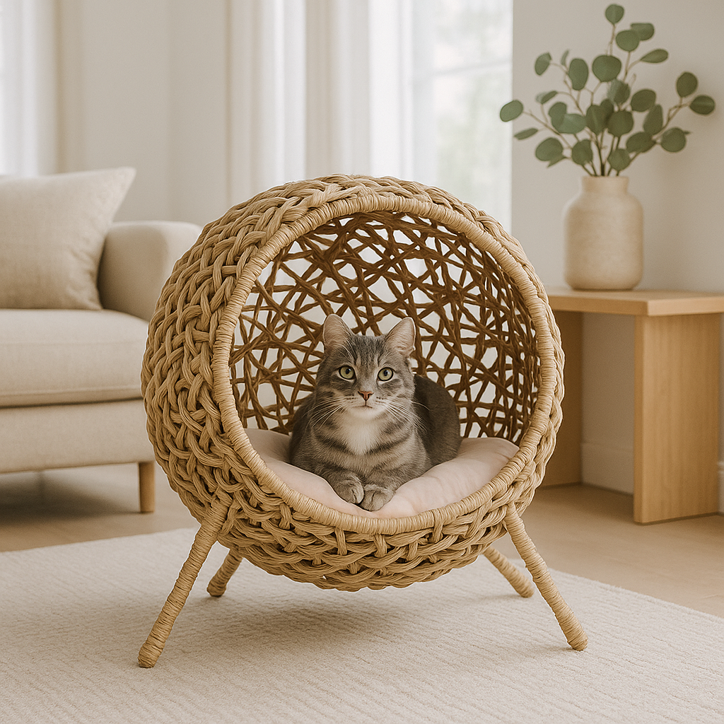 panier en osier pour chat animal couche dedans salon lumineux