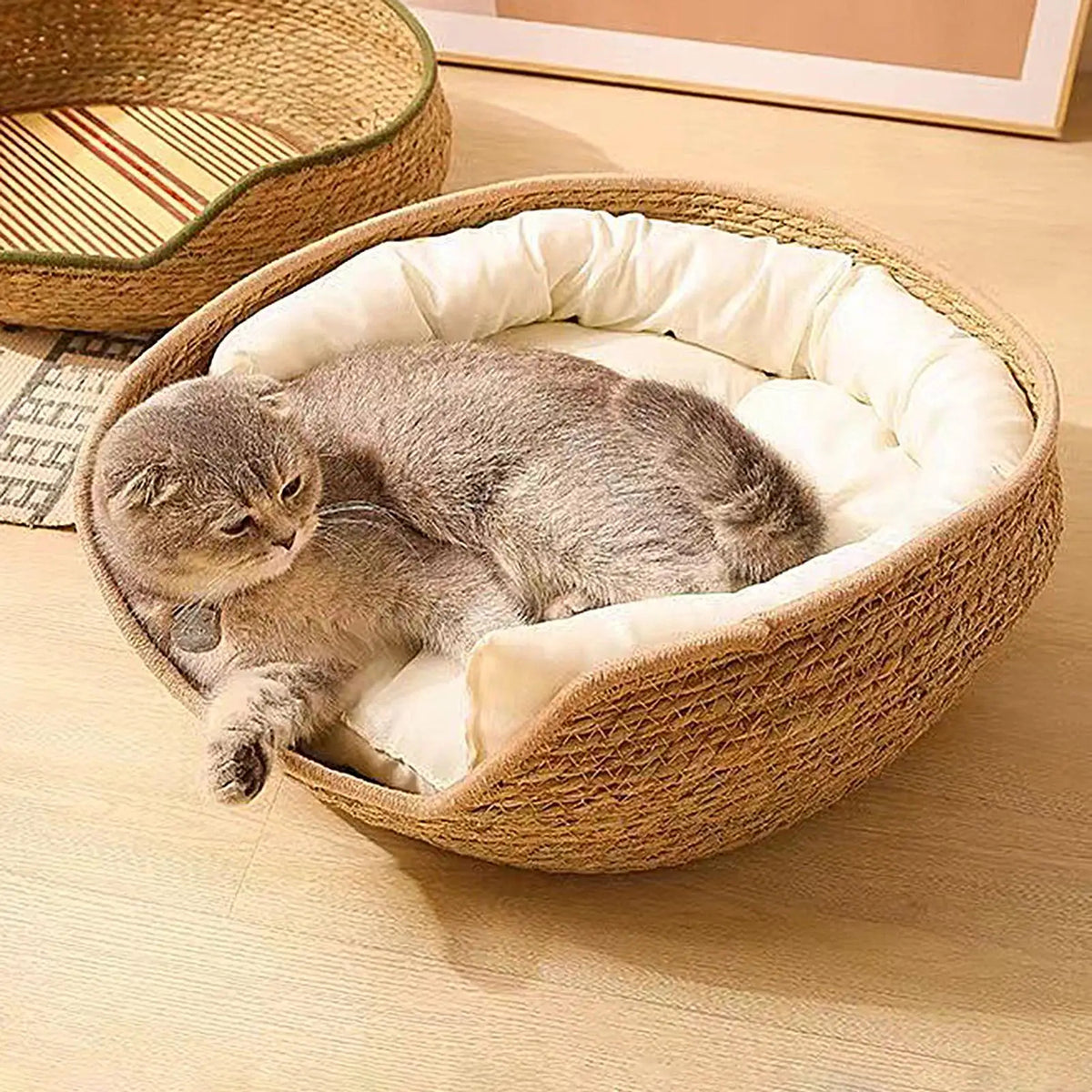 panier en osier pour chat avec coussin blanc moelleux