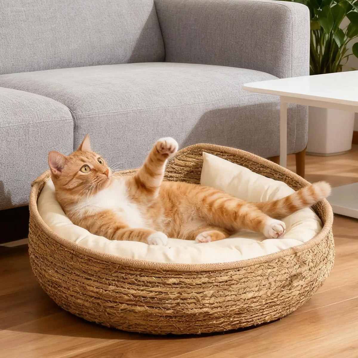 panier en osier pour chat avec coussin blanc