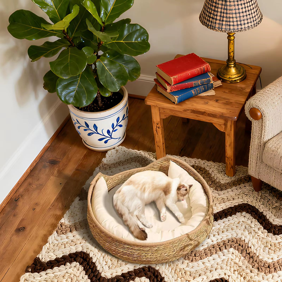 panier en osier pour chat avec un blanc moelleux