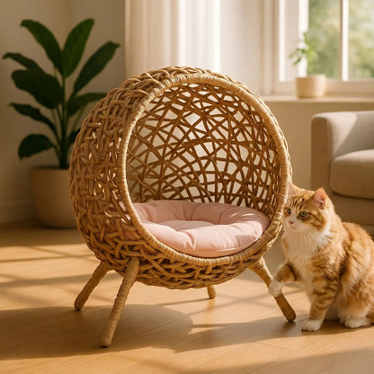 panier en osier pour chat rond boule confortable