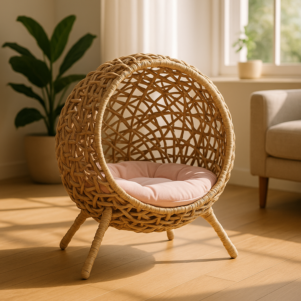 panier en osier pour chat vide salon ensoleille