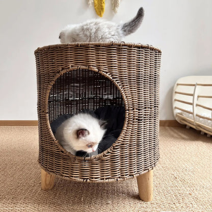 panier osier chat confortable sureleve avec pieds en bois