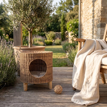panier osier chat en forme de niche confortable