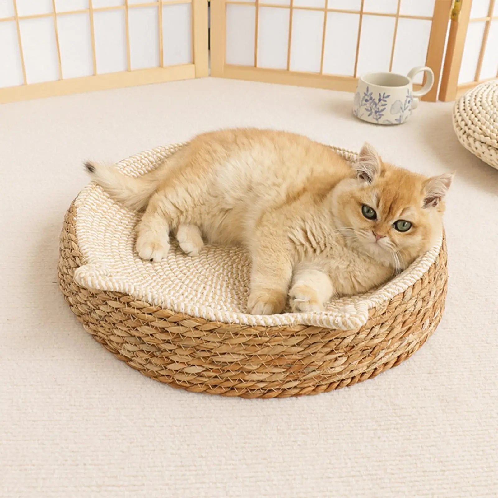 panier osier chat forme tete de chat couleurs neutres 