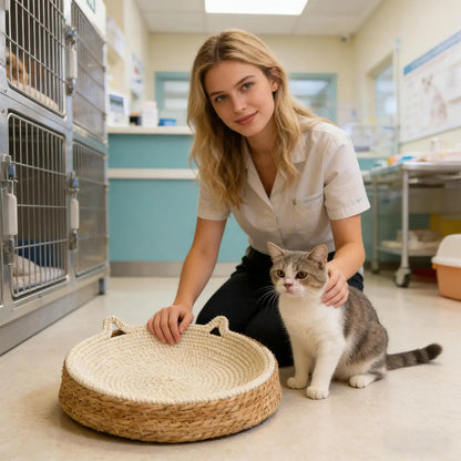 panier osier chat forme tete de chat rond