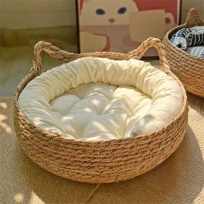 panier osier chat gros coussin blanc ultra moelleux