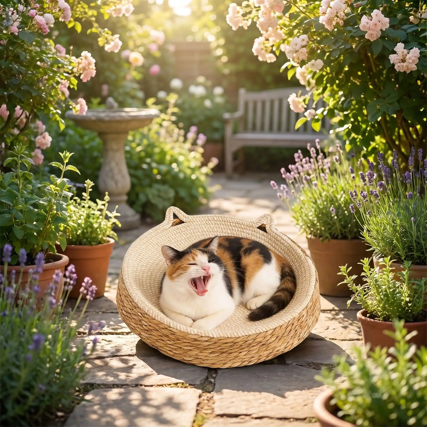 panier osier chat rond beige et naturel confortable