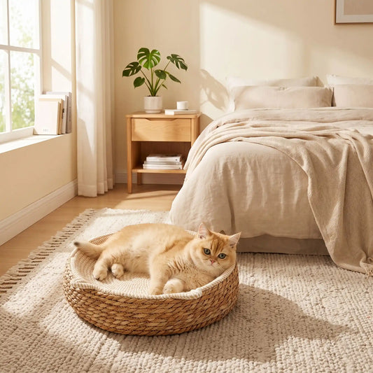 panier osier chat rond confortable couleurs neutres