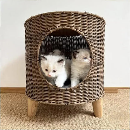 panier osier chat rotin gris sureleve avec pieds en bois