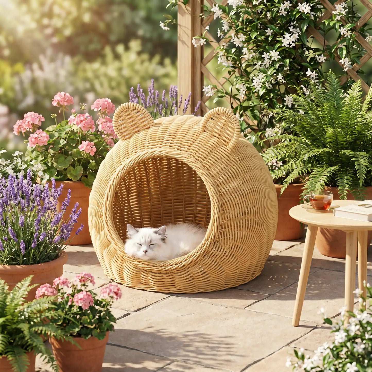 panier osier pour chat boule forme tete ourson confortable