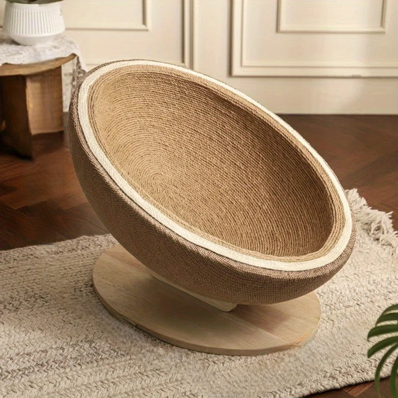 panier osier pour chat demi sphere sur pied en bois