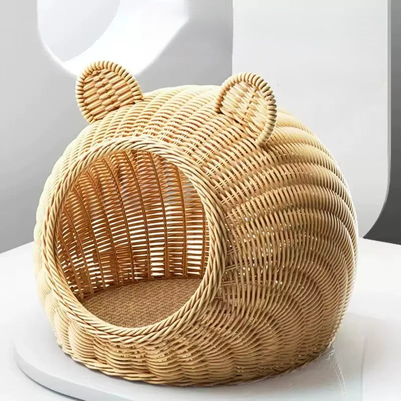 panier osier pour chat en forme de boule ouverture ronde