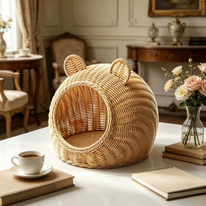 panier osier pour chat forme de tete avec oreilles decoratives