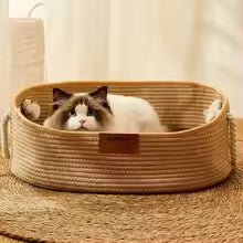 panier osier pour chat ovale en rotin avec anses de transport