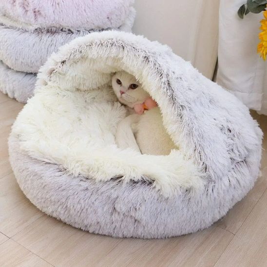 panier pour chat avec capuche en fausse fourrure gris