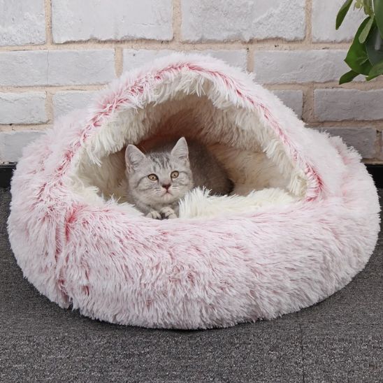 panier pour chat avec capuche en fausse fourrure rose