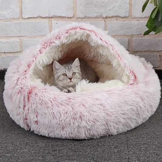 panier pour chat avec capuche en fausse fourrure rose