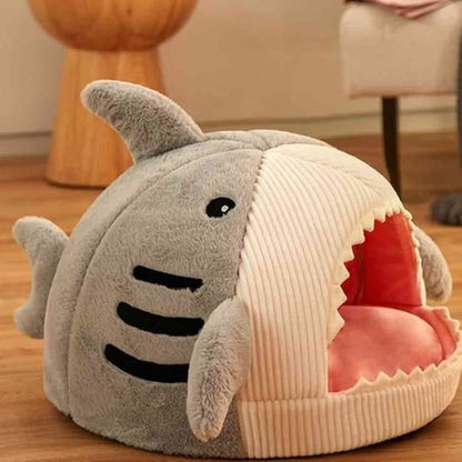 panier pour chat en forme requin bleu et blanc