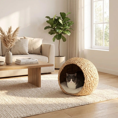 panier pour chat en osier avec coussin confortable