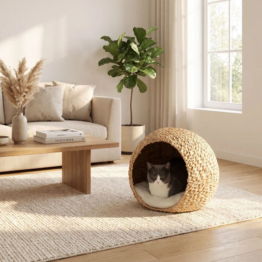 panier pour chat en osier avec coussin confortable