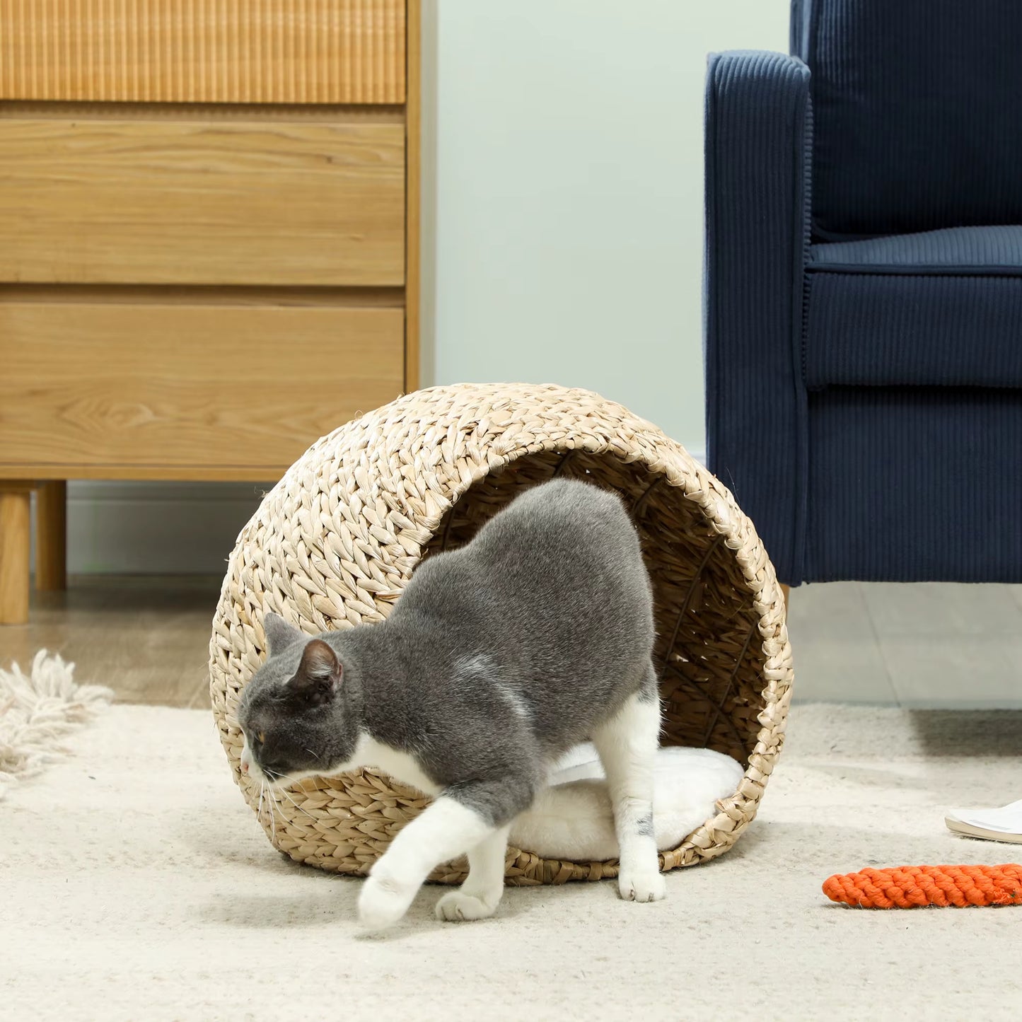panier pour chat en osier forme de boule