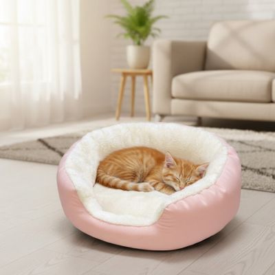 panier pour chat rond rose et blanc et confortable