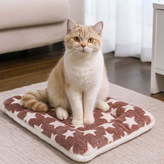 Tapis chat carre marron avec motifs etoiles beige chat dessus