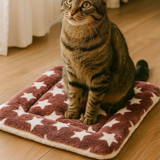 Tapis chat carre marron avec motifs etoiles beige chat assis dessus