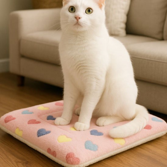 Tapis chat carre rose avec coeurs de couleur chat assis dessus