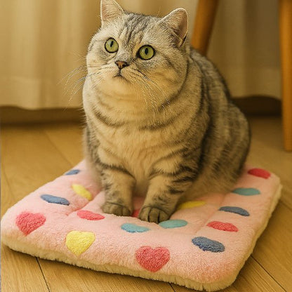 Tapis chat carre rose avec coeurs de couleur chat tigre couche dessus