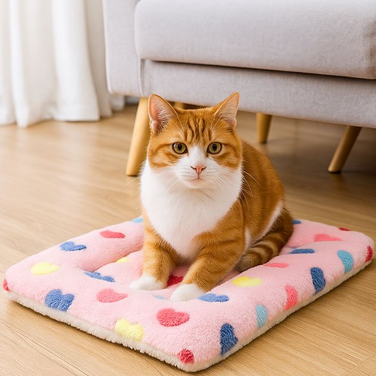Tapis chat carre rose avec coeurs de couleur chat couche dessus