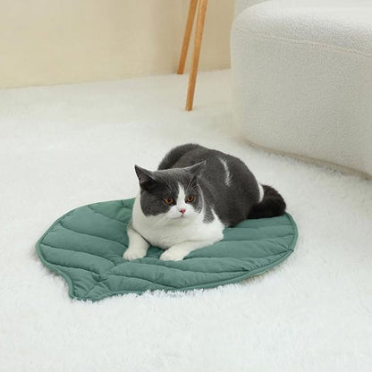 tapis chat forme de feuille verte avec un chat dessus