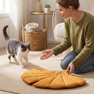 Tapis Chat forme eventail jaune avec femme appelant son chat a cote