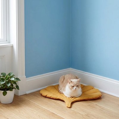 Tapis Chat forme eventail jaune avec un chat blanc et roux couche dessus