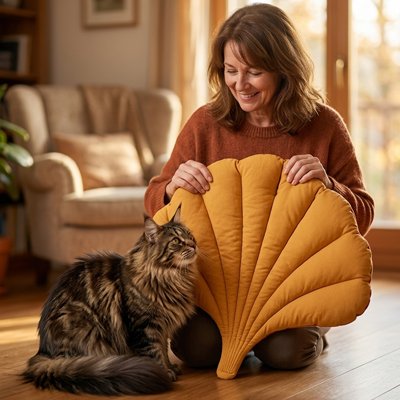 Tapis Chat forme eventail jaune tenu par une femme et son chat a cote