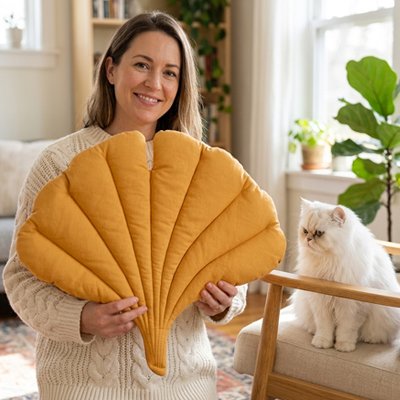 Tapis Chat forme eventail jaune tenu par une femme avec un chat blanc a cote