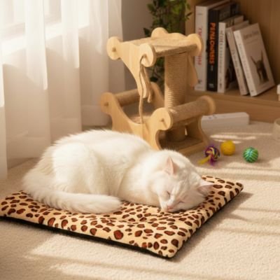 Tapis chat rectangulaire couleur léopard chat blanc dormant dessus