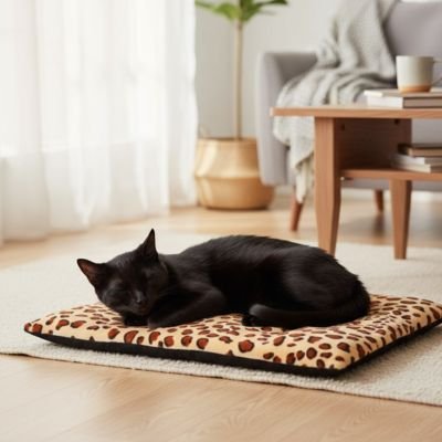 Tapis chat  rectangulaire couleur léopard chat noir couche dessus