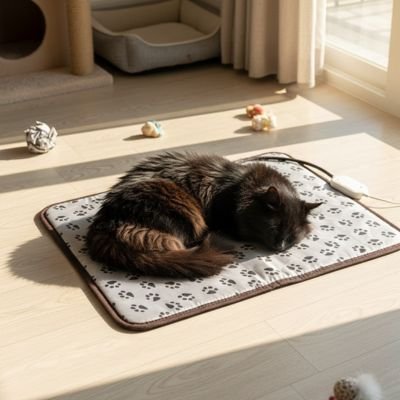   Tapis pour chat electrique avec chat noir dormant dessus