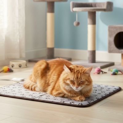   Tapis pour chat  electrique avec chat roux dormant dessus