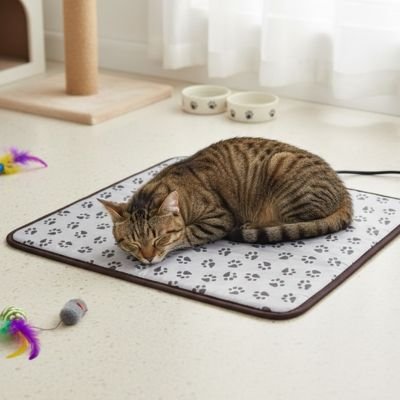   Tapis pour chat electrique avec chat tigre dormant dessus