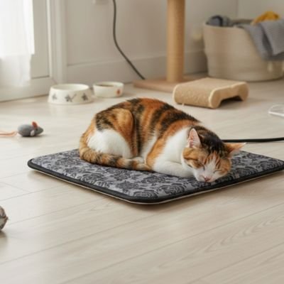 Tapis pour chat electrique carre avec chat dormant dessus