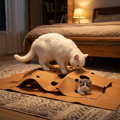 Tapis pour chat marron avec trous et deux chats jouant dedans