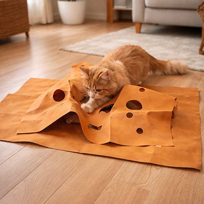 Tapis pour chat marron avec trous et un chat jouant dessus